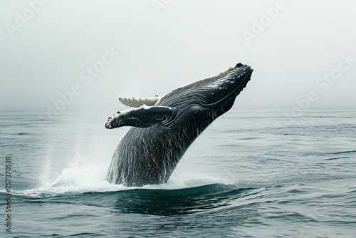 Whales jumping above the surface of the sea in the vast ocean.