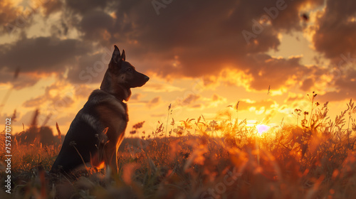German Shepherd sitting in a field at sunset.