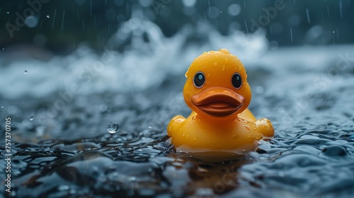 A yellow rubber duck is floating in a puddle of water