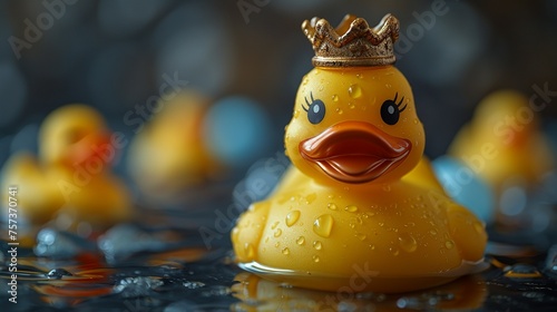 A yellow rubber duck with a crown on its head is sitting in a bathtub