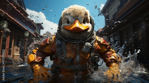 A duck wearing a spacesuit is in a pool of water photo