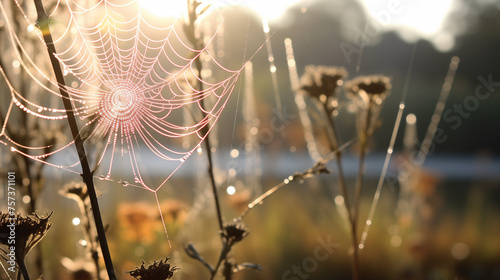 spider web on blades of grass with lots of dew in the early morning against the light