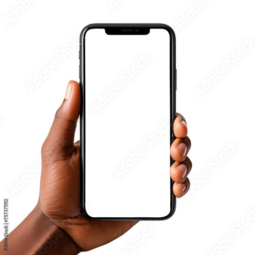 Mano sosteniendo un moderno teléfono móvil.
Mock-up de teléfono celular con pantalla blanca sobre fondo transparente. photo