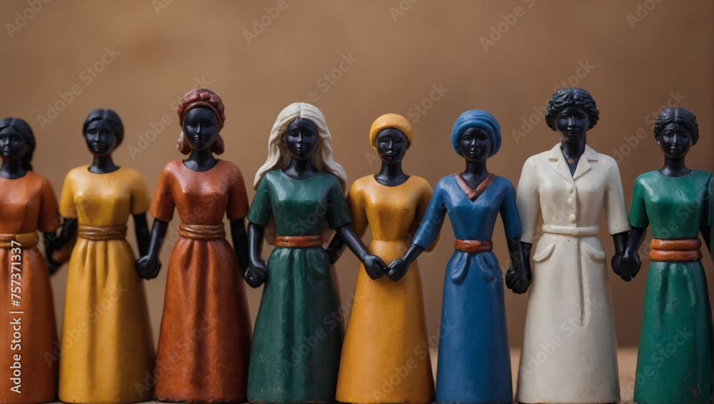 Figures of diverse colors holding hands, symbolizing an inclusive business mindset that values dignity and respect for all individuals. - obrazy, fototapety, plakaty 