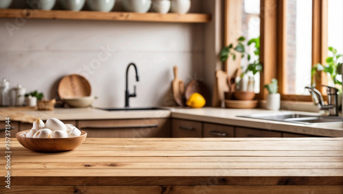 Wallpaper Mural Empty wooden table for product display with blurred kitchen sink background Torontodigital.ca