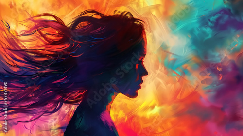 This digital art piece captures the vibrant silhouette of a woman's profile with her hair flowing in colorful abstract strokes. 