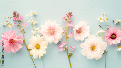 A bouquet of flowers is arranged in a row on a blue background