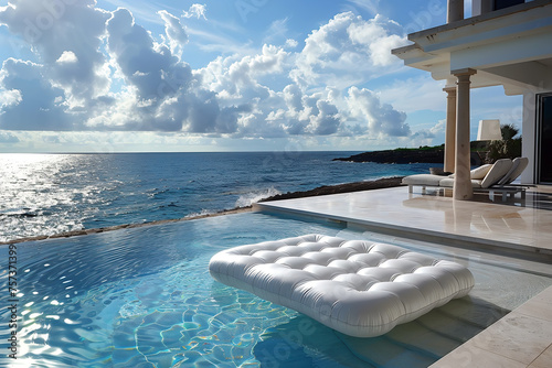 White inflatable mattress with no people floating in the infinity pool of luxury villa or hotel, generative ai