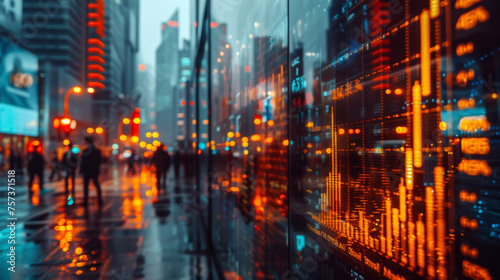 Rainy city street with a futuristic digital data overlay, depicting urban life and technology integration.