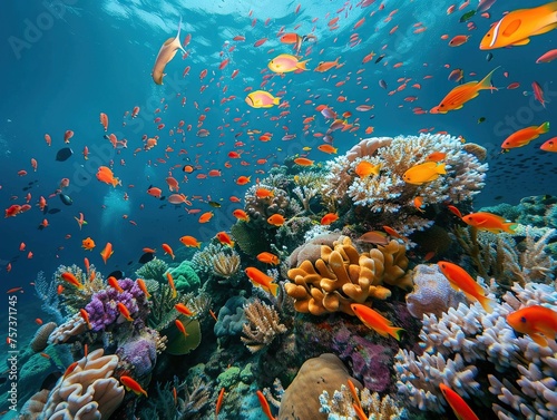 Serene underwater scene with vibrant coral reefs and schools of colorful fish