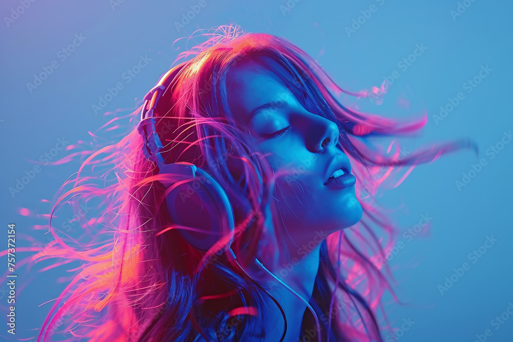Portrait of young woman enjoying music in neon light, generative ai