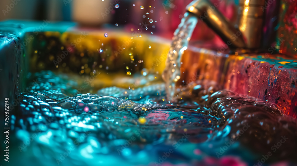Close-up image of water streaming over a vibrant, textured surface with reflective, shimmering colors and dynamic droplets.
Close-up image of water streaming over a vibrant, textured surface with reflective, shimmering colors and dynamic droplets.