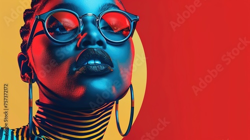 A poster design featuring a model wearing glasses, set against a solid background. The model's outfit and accessories are presented in a pop art style, with the use of bold colors and graphic elements