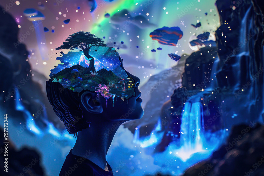 A captivating artwork capturing a child in silhouette gazing upward into a vibrant cosmic scene of star-filled skies and colorful nebulas
