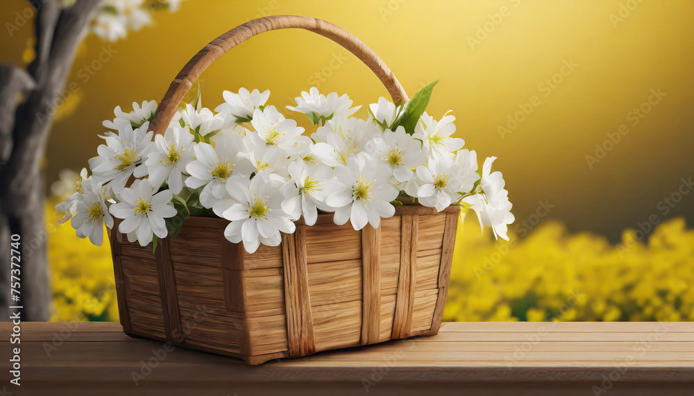 White flowers in wooden basket on yellow spring background 3D Rendering