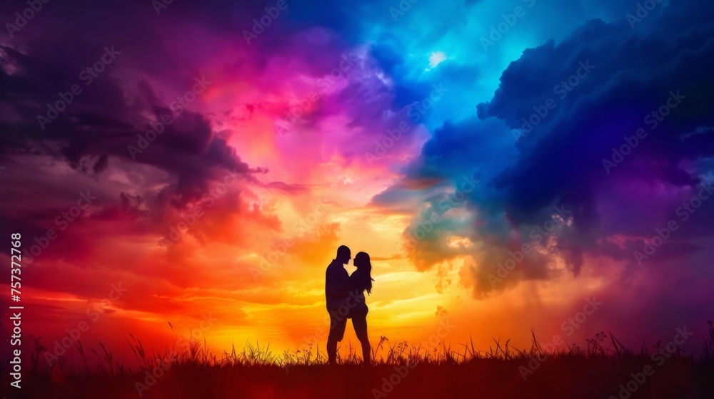 Romantic Silhouette of Couple Embracing Against Vibrant Twilight Sky