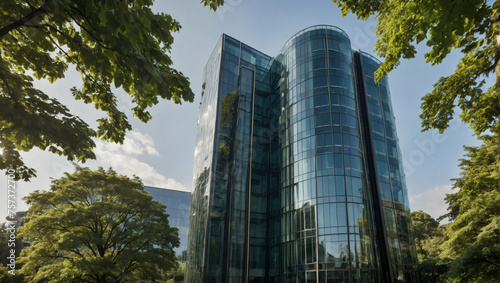 Glass office building harmoniously integrated with trees, emphasizing corporate responsibility in reducing carbon dioxide and maintaining a green environment.