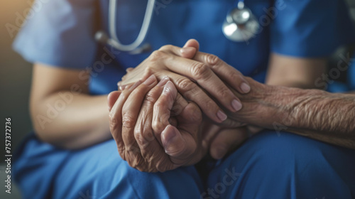 close-up of a healthcare worker in blue scrubs holding and comforting the hands of an elderly patient