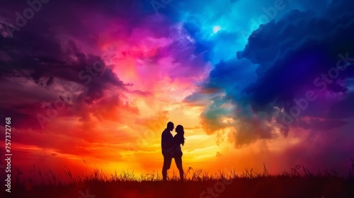 Romantic Silhouette of Couple Embracing Against Vibrant Twilight Sky