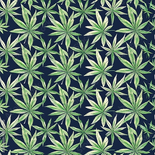 vintage seamless pattern with green cannabis marijuana leaf on black background