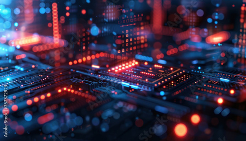 Dynamic image of intertwined digital circuits with prominent blue highlights suggesting high-speed data transfer