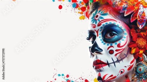 A woman with a painted face and a flower headdress. The woman is wearing a white dress and has a red and blue face. Mexican Skull Face Paint Cinco de Mayo Calavera © Nico