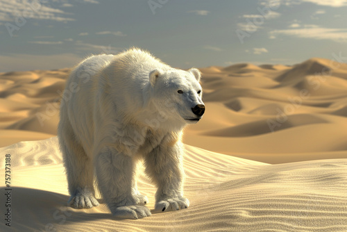 A 3D animated polar bear standing out against a backdrop of golden desert dunes photo