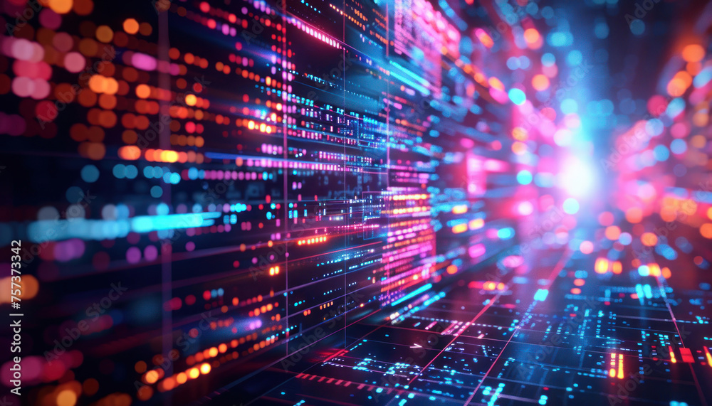 Image showcases a burst of colorful light trails inside a conceptual representation of a computerized space Image showcases a burst of colorful light trails inside a conceptual representation of a computerized space