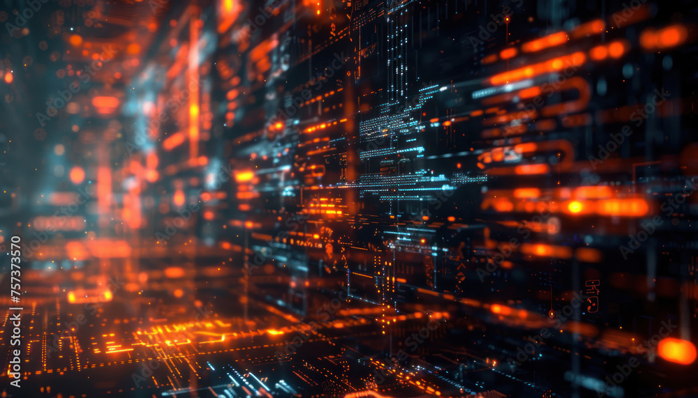 Naklejka premium A striking image showcasing the depth of digital pathways with vibrant red and blue connections symbolizing data flow