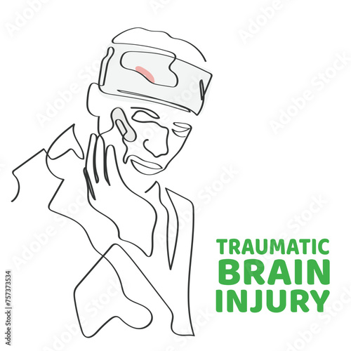 Hand drawn line art depicting Brain Injury. Traumatic Brain Injury Awareness flashcard. Concussion and Brain structure damage.
