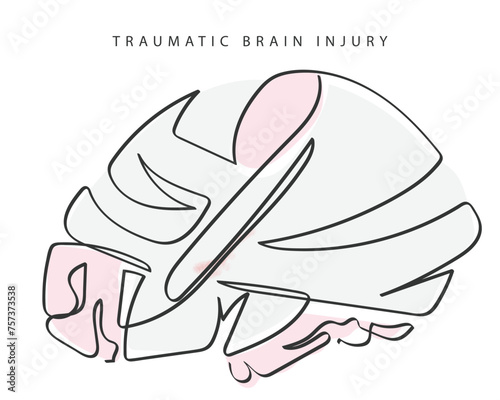 Hand drawn line art depicting Brain Injury. Traumatic Brain Injury Awareness flashcard. Concussion and Brain structure damage.