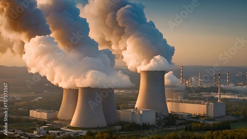 Nuclear power plant with smoke billowing photo