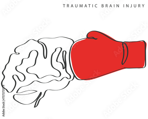 Hand drawn line art depicting Brain Injury. Traumatic Brain Injury Awareness flashcard. Concussion and Brain structure damage.