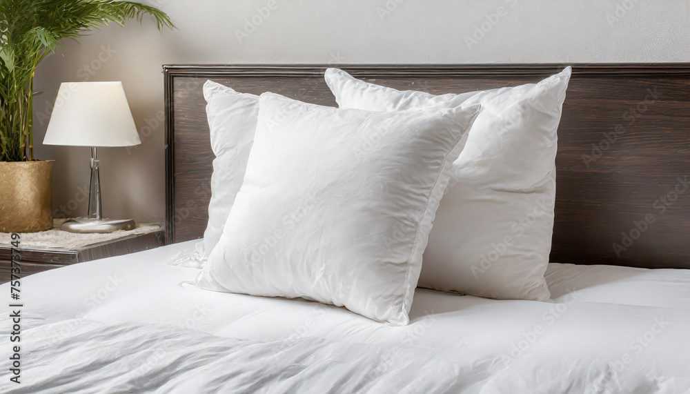 White pillow on bed in bedroom closeup White pillow on bed in bedroom closeup