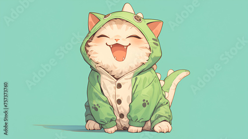 happy cat wearing green dino costume anime onesie