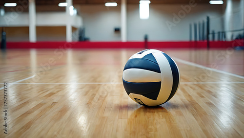 a volleyball ball in the gym. the background is blurred. copy space