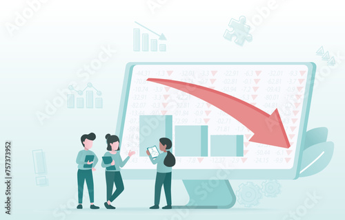 Financial business and stocks market slump concept. Analysis of investor or business people decreasing, downward arrow, bankruptcy and falling down bar graph. Flat vector design illustration.