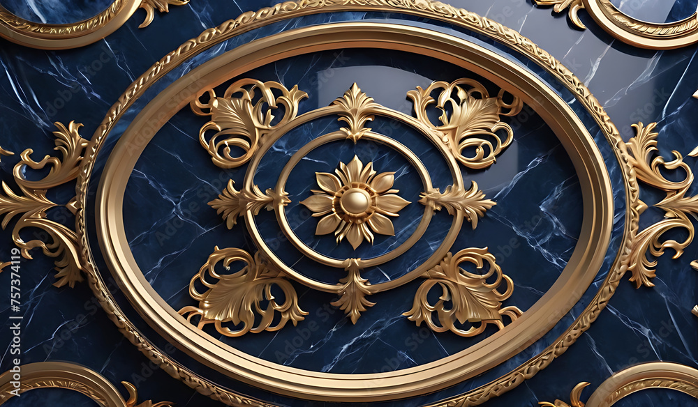 background, model of ceiling and wall decoration with 3d wallpaper. decorative frame on a luxurious background of gold and blue marble and mandala