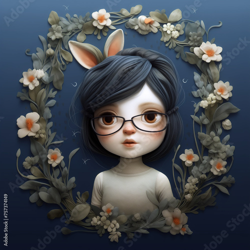 A little girl with bunny ears in a frame of wildflowers. A young kid wearing glasses surrounded by flowers in a dreamy illustration. AI-generated