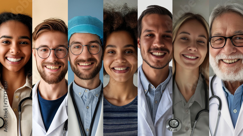 A collage of smiling faces, young and old, representing a healthy global population, World Health Day, doctor, hospital, with copy space © Катерина Євтехова