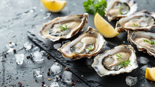 Fresh oysters platter with sauce and lemon.