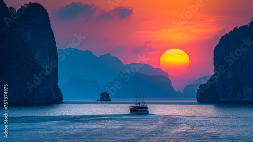 A photo of the Phi Phi Islands, with towering limestone cliffs as the background, during a vibrant sunset