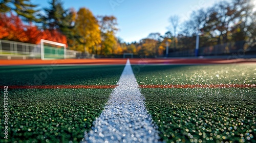 The field hockey pitch is green grass with white lines marking it.