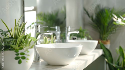 A bright sink area with an abundance of green plants gives this bathroom a lively and fresh appearance photo