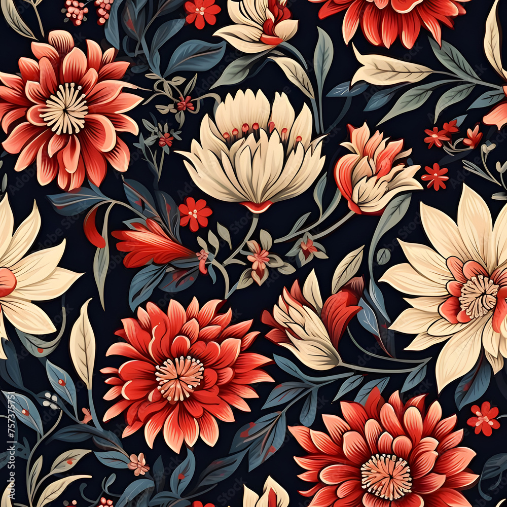 Seamless floral pattern. Batik flowers wallpaper. Orange flower on black background. Vintage backdrop. Floral ethnic paisley on black background. Design for texture, fabric, clothing, wrapping