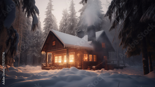 woody cottage in the winter, nestled to the snow