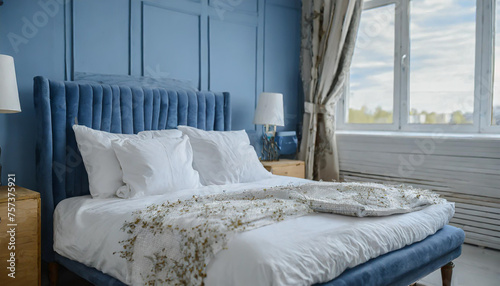 On a blue bed are white pillows, a duvet, and a duvet cover. On top of a blue sofa is a white bed. Bedroom mock up on the wall with a bed, bedding, and poster frame. looking left.