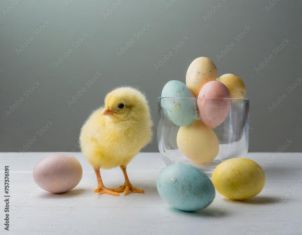 Easter. Yellow chick and pastel eggs on white table, studio, white background Easter. Yellow chick and pastel eggs on white table, studio, white background
