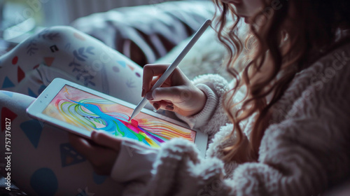 Woman drawing with stylus on tablet.  photo