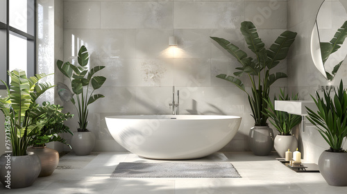 Inviting and airy bathroom designed with white walls  freestanding bathtub  various green plants  and sunlight